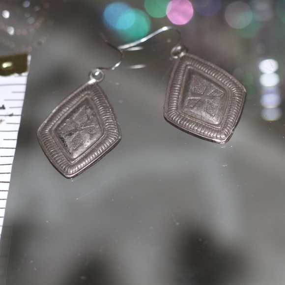 Silver Triangular Cross Tribal Print Earrings - Picture 5 of 5